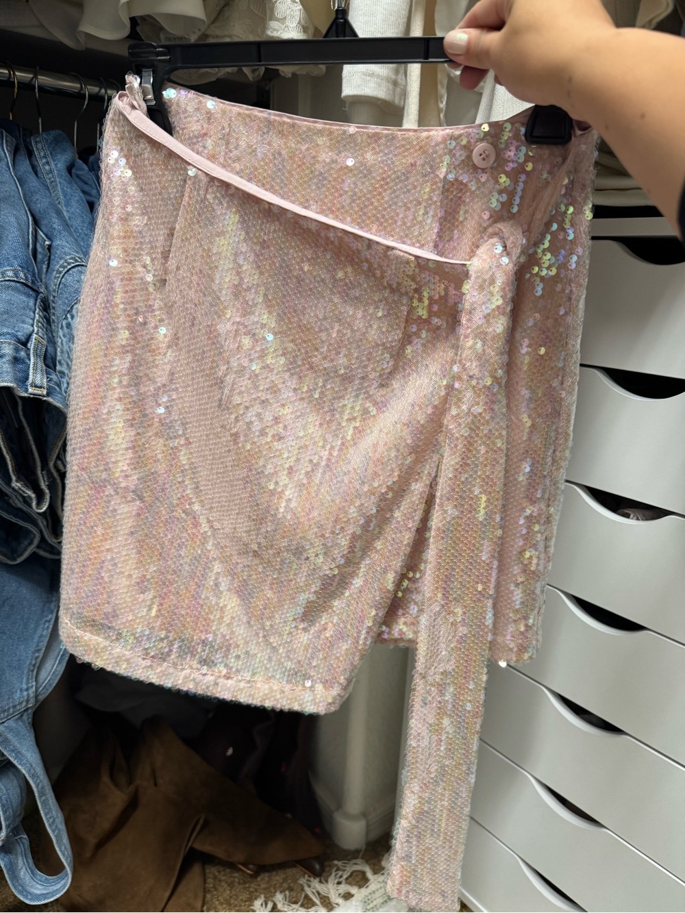 Wayf Pink Sequin Wrap Mini Skirt